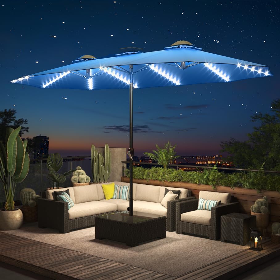YODOLLA 15ft Patio Umbrella with Solar Lights, Outdoor Large Double Umbrella with 156 PCS LED Lights and Crank Handle for Backyard Deck Pool Shade, Dark Blue