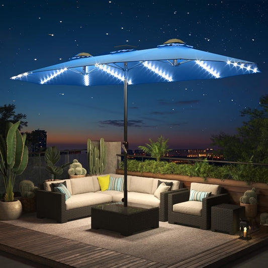 AECOJOY 15ft Patio Umbrella with Solar Lights, Large Double Umbrella Outdoor Patio, Rectangle TableUmbrella with 156 PCS LED Lights and Crank Handle for Backyard Deck Pool Shade in Blue