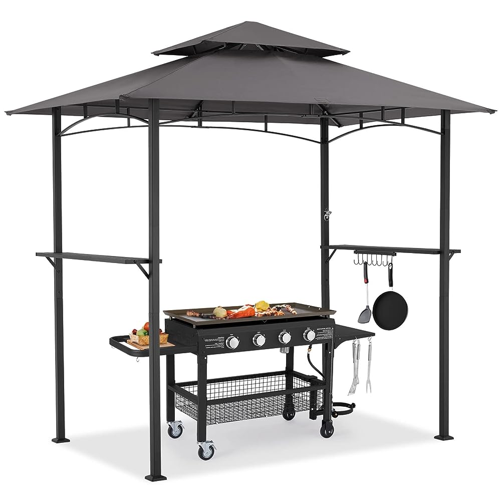 AECOJOY 8' x 5' Outdoor Grill Gazebo with Vented Top, Double Tier BBQ Canopy Gazebo-Gray