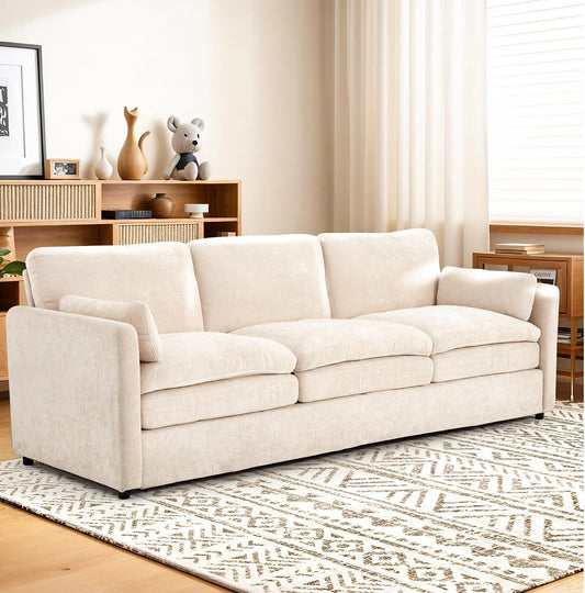 AECOJOY 89" Comfy Sofa Couch for Living Room, 3 Seats Large Modern Chenille Sofa with 2 Removable Pillows, Oversized Cozy Cloud Couch for Apartment (Cream White)