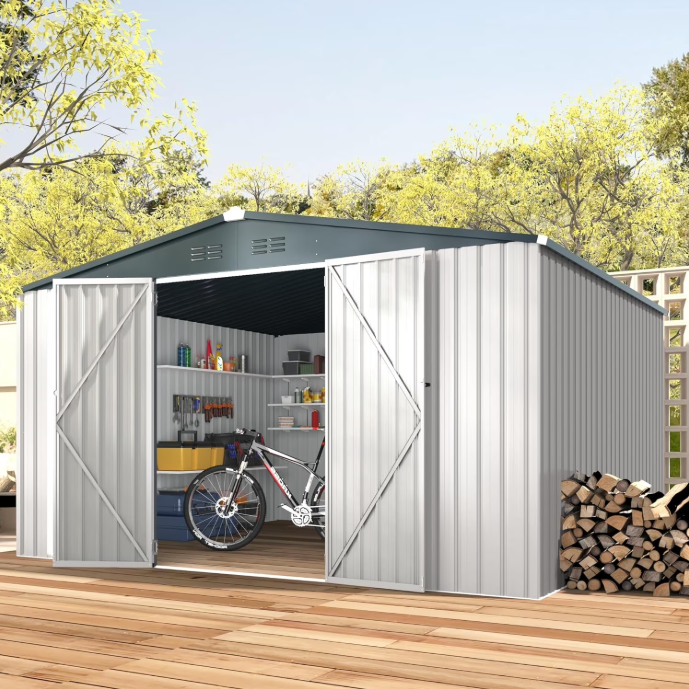 YODOLLA 10 x 12 ft. Outdoor Metal Storage Shed with Sliding Roof & Lockable Door, Patio Storage Building in White