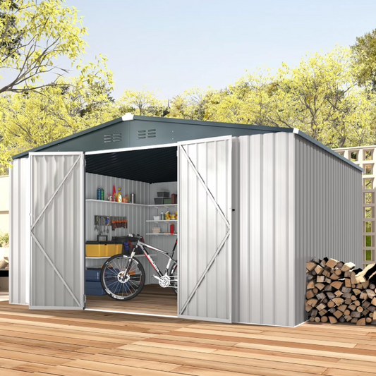 YODOLLA 10 x 12 ft. Outdoor Metal Storage Shed with Sliding Roof & Lockable Door, Patio Storage Building in White