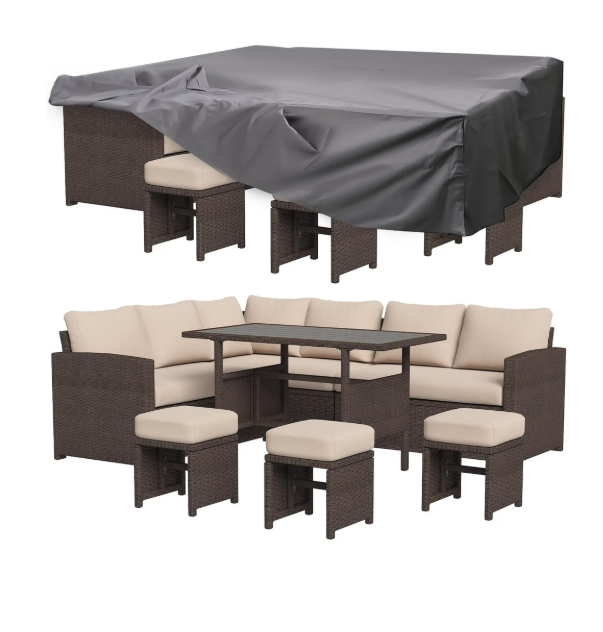 YODOLLA 7-Piece Patio Funiture Set, Outdoor Sectional Sofa Couch with Dining Table, Patio Conversation Set w/ Weatherproof Protection Cover in Brown Rattan& Beige Cushions