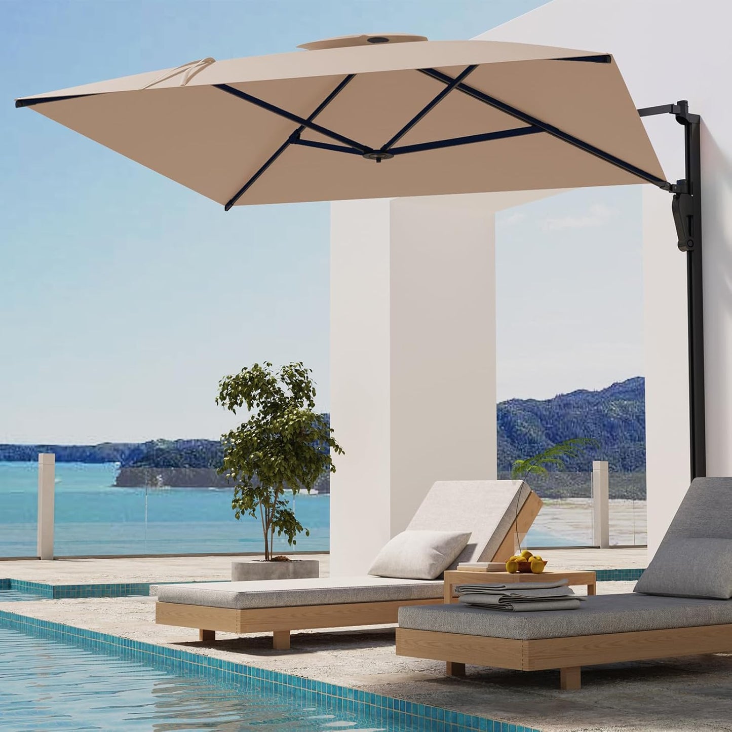 AECOJOY 10 ft Wall Mounted Patio Umbrella Outdoor Rectangle Umbrella with 180° Rotation for Outside in Beige