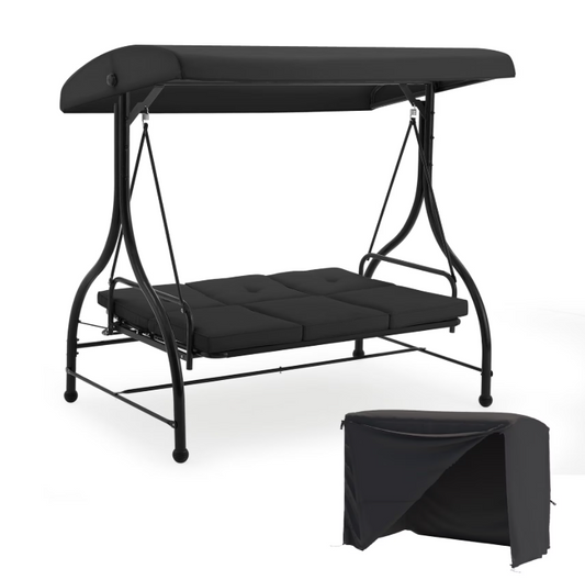 AECOJOY 3 Person Steel Outdoor Patio Canopy Adjustable Steel Porch Swing Chair with Cover, Black