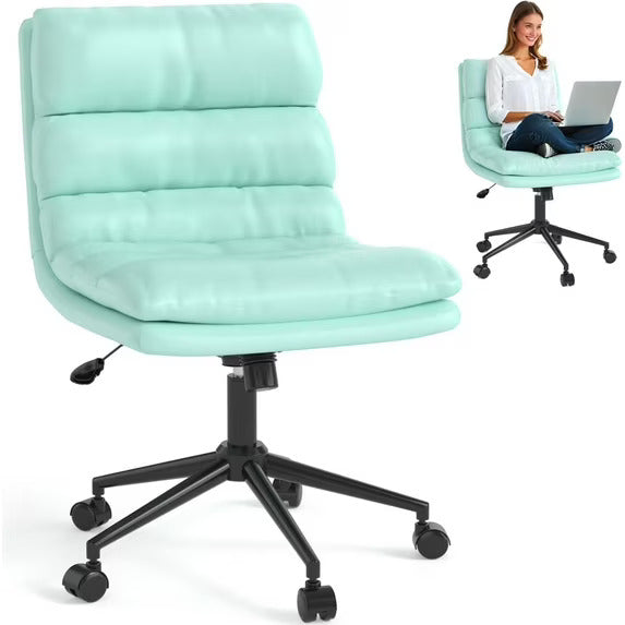 YODOLLA Office Chair with Wheels, Adjustable Height Vanity Chair with Back Armless Desk Chair and PU Leather Swivel Chair for Office, Home, Light Green