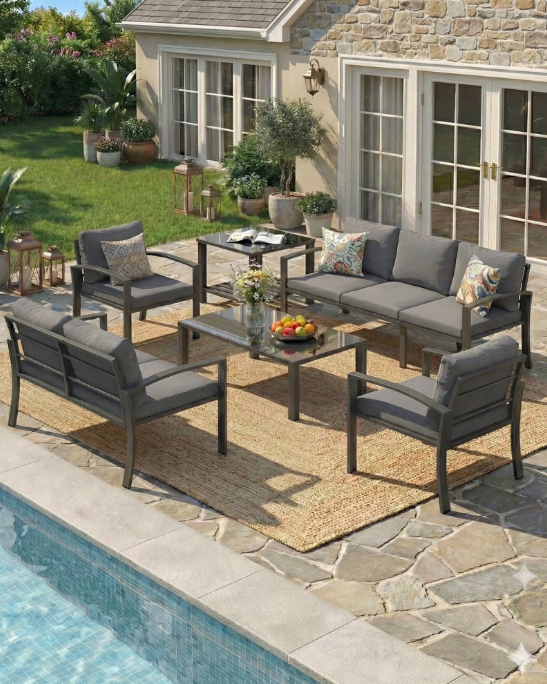 YODOLLA 7-Seat Metal Patio Furniture Set with Coffee Table and Side Table, Outdoor Conversation Set with Deep Cushions, Grey