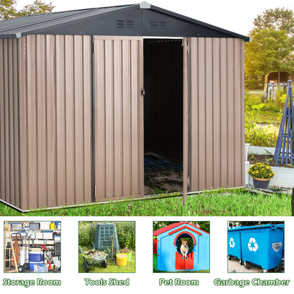 YODOLLA 10' x 8' Outdoor Metal Storage Shed in Brown Patio Storage Building with Lockable Door for Garden, Backyard