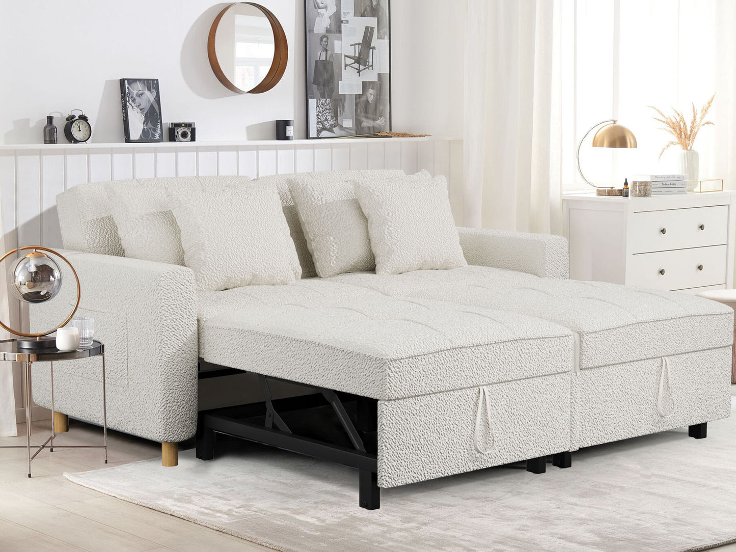YODOLLA 71" Sleeper Sofa Bed & 3-in-1 Futon Pull Out Couch for Living Room & Bedroom, Convertible Loveseat in Teddy Velvet White sofa bed