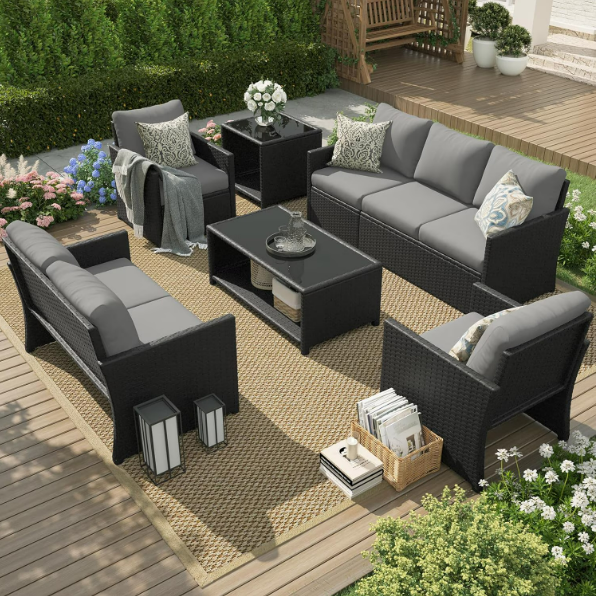 AECOJOY 7 Pieces Outdoor Furniture Set with Two Storage Boxes, Rattan Wicker Sectional Sofa Couch Patio Conversation Set, Black & Gray