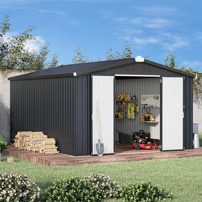 YODOLLA 10' x 14' Outdoor Storage Shed with Lockable Door Patio Metal Garden Storage Building in Dark Gray for Garden, Outside& Backyard