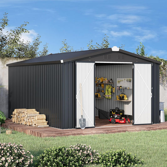 YODOLLA 10' x 14' Outdoor Storage Shed with Lockable Door Patio Metal Garden Storage Building in Dark Gray for Garden, Outside& Backyard