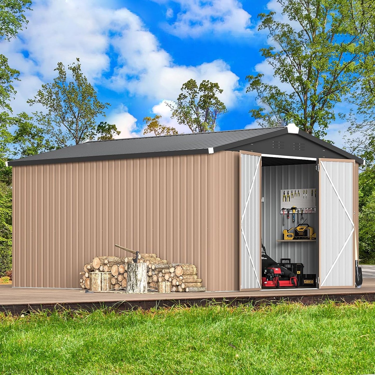 YODOLLA 10 x 14 ft. Outdoor Metal Storage Shed with Sliding Roof & Lockable Door in Brown for Patio, Garden& Backyard