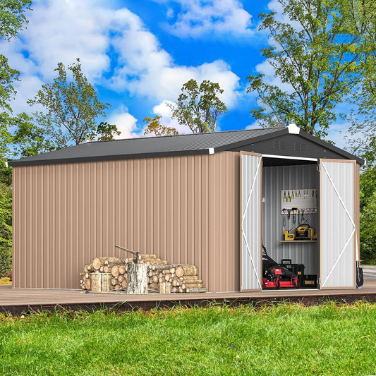 YODOLLA 10 x 14 ft. Outdoor Metal Storage Shed with Sliding Roof & Lockable Door in Brown for Patio, Garden& Backyard