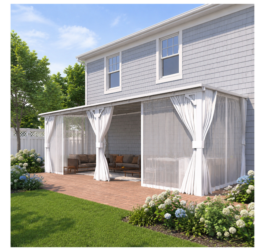 YODOLLA 20x12ft Wall-Mounted Hardtop Gazebo with Curtains and Netting, Heavy Duty Outdoor Pergola for Patio and Deck