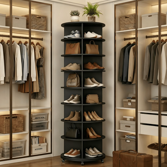 YODOLLA 8-Tier Rotating Shoe Rack with 360° Spinning, Lockable Casters, 23.6x23.6x74 Inch, Black for Closet