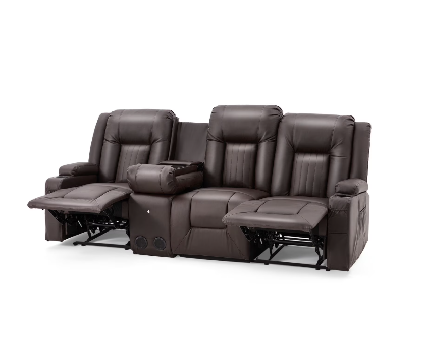 YODOLLA Reclining Sofa with Console&Bluetooth Speakers, Manual RV Recliner Couch with USB Ports&4 Cup Holders, 2 Side Pockets Recliners on Clearance Home Theater Seating, Fuax Leather, Brown
