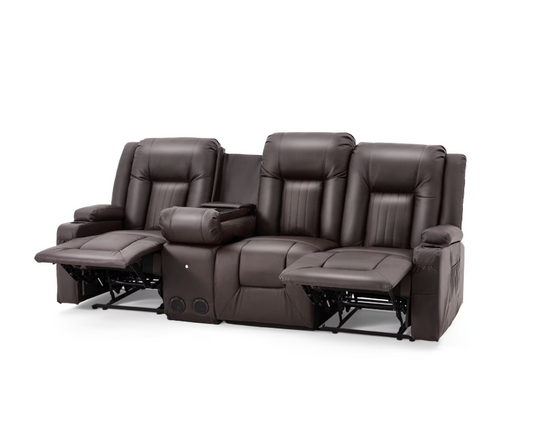 YODOLLA Reclining Sofa with Console&Bluetooth Speakers, Manual RV Recliner Couch with USB Ports&4 Cup Holders, 2 Side Pockets Recliners on Clearance Home Theater Seating, Fuax Leather, Brown