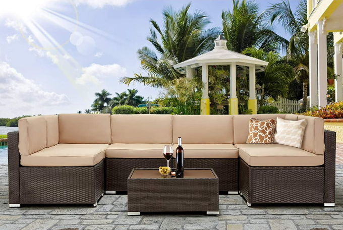 Danrelax 7-Piece Outdoor Sectional Sofa Patio Conversation Set, PE Rattan Wicker Furniture, Steel Frame, Brown