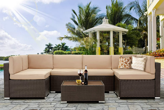 Danrelax 7-Piece Outdoor Sectional Sofa Patio Conversation Set, PE Rattan Wicker Furniture, Steel Frame, Brown