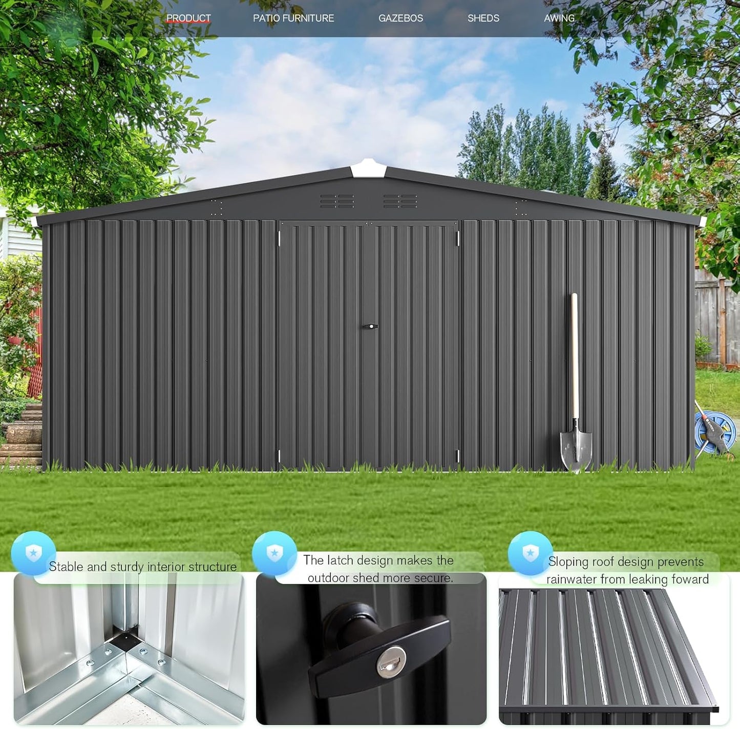 YODOLLA 14' x 12' Outdoor Storage Shed with Lockable Door Patio Metal Garden Storage Building in Dark Gray for Outside