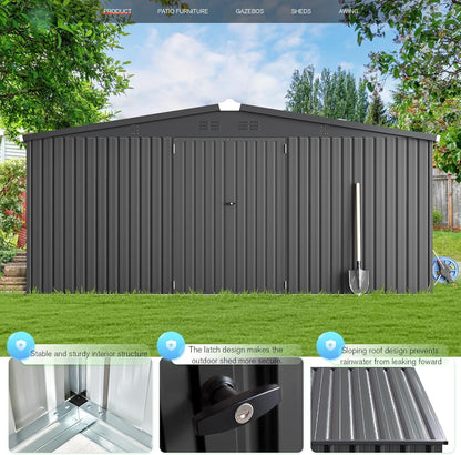 YODOLLA 14' x 12' Outdoor Storage Shed with Lockable Door Patio Metal Garden Storage Building in Dark Gray for Outside