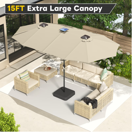 AECOJOY 15 x 9 ft Rectangular Double-Sided Patio Umbrella, 360° Solar Lights with Included Base, 1.9" Pole,Tan