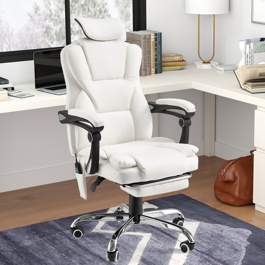 AECOJOY 7 Points Massage Office Chair with Heat Faux Leather Ergonomic Reclining Computer Chair With Adjustable Headrest & Footrest in White