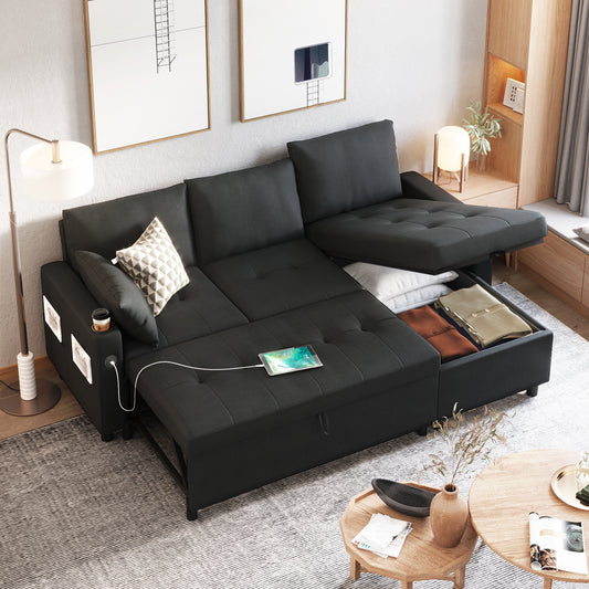 YODOLLA Sofa Bed, 3 in 1 Sleeper Sofa with Storage Chair, Fabric L Shape Couch, Sectional Pull Out Sofa Bed Mid Century Modern Couch for Living Room Clearance, Comfy Sleeper Couch in Black