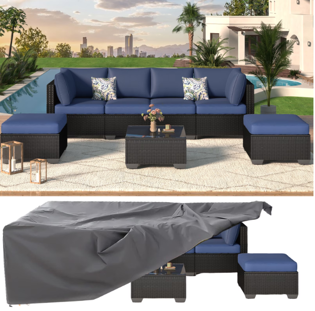 YODOLLA 7-Piece Patio Furniture w/ Protection Cover, Outdoor Sectional Sofa Couch w/ Coffee Table, Patio Conversation Set in Black Wicker& Beige Cushions