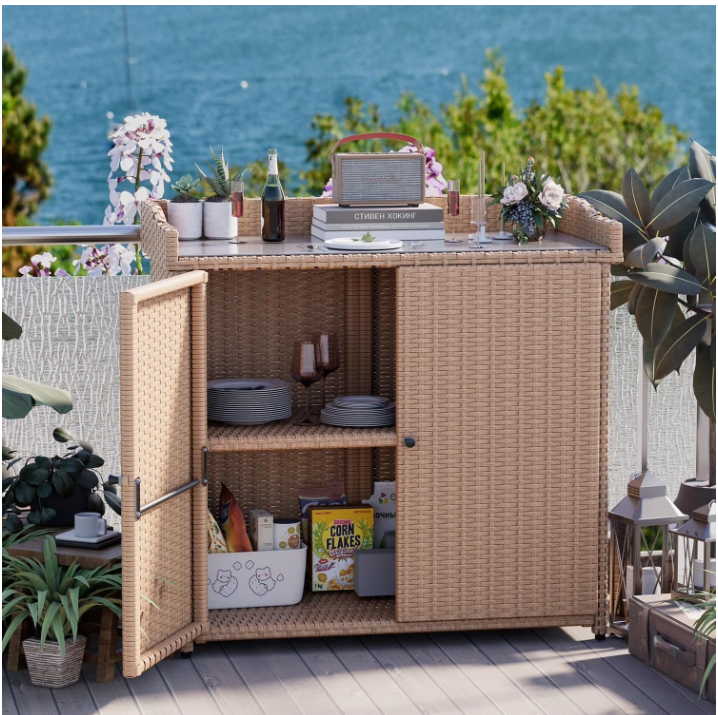 YODOLLA Outdoor Wicker Storage Cabinet, Wicker Rattan Storage Cabinet with 2 Doors, Potting Benches, Beige