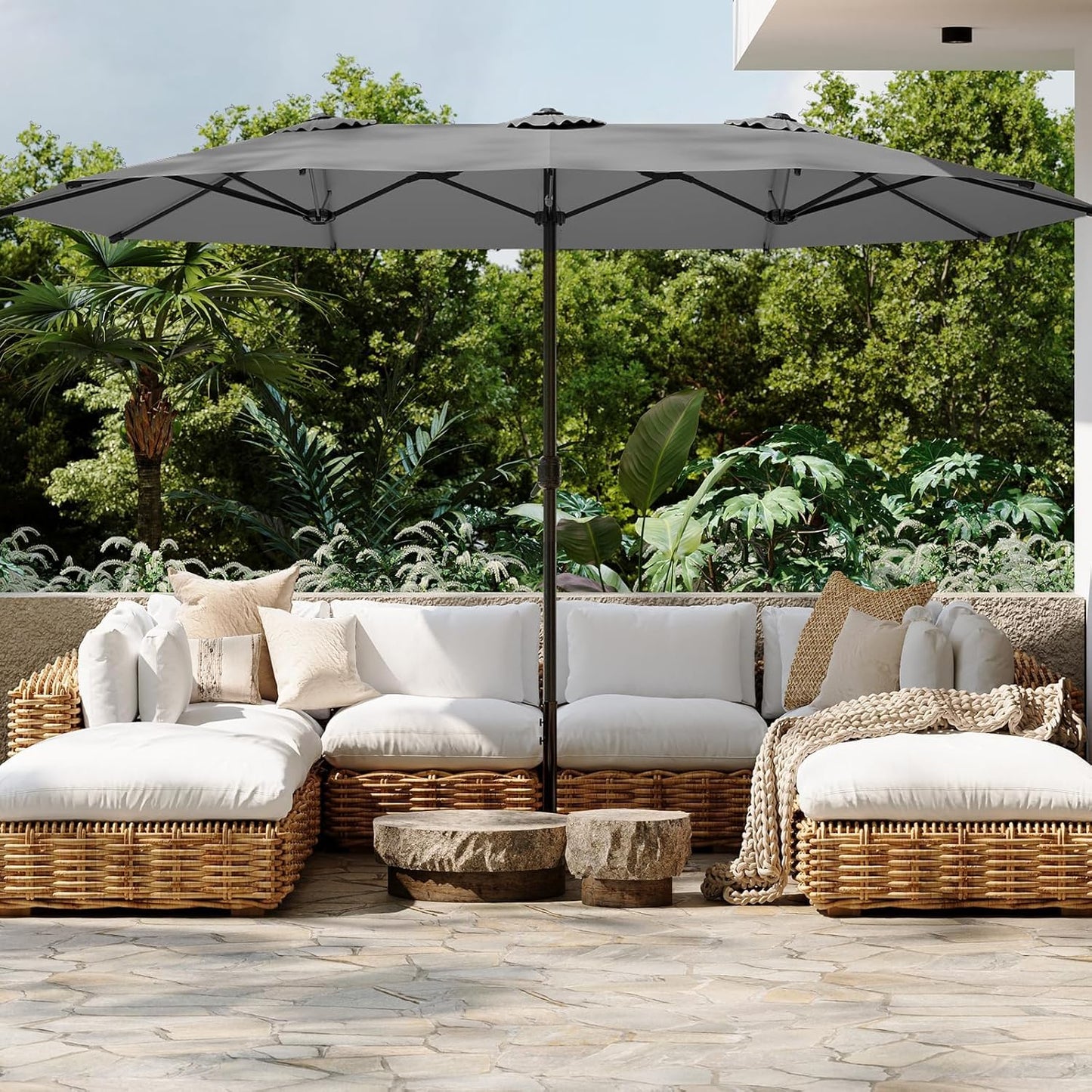 AECOJOY 15 Ft Patio Double Sided Umbrella Large Outdoor Umbrella in Dark Gray