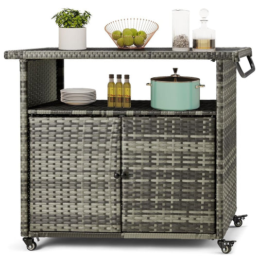 AECOJOY Patio Wicker Bar Tables with Wheels&Shelf Patio Serving Table Outdoor Storage Cabinet Outdoor Bar Cart
