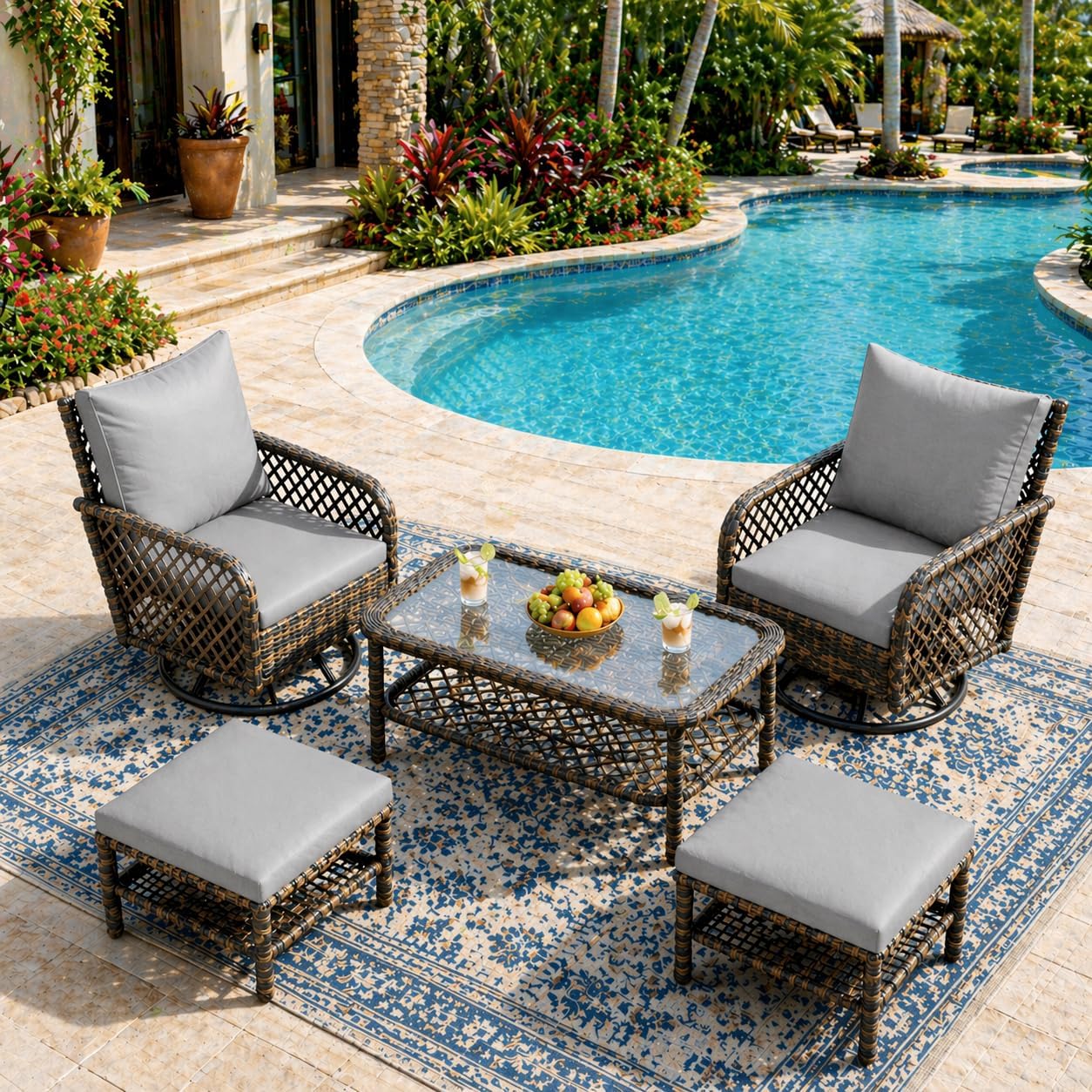 YODOLLA 5PCS Dark Grey Wicker Patio Set, 2 Swivel Gliders + 2 Ottomans + Central Table, Outdoor Conversation Set