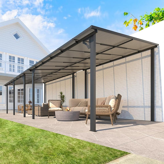 YODOLLA 10' x26' Hardtop Gazebo Outdoor Wall-Mounted Aluminum Pergola for Garden, Patio, Backyard-Gray