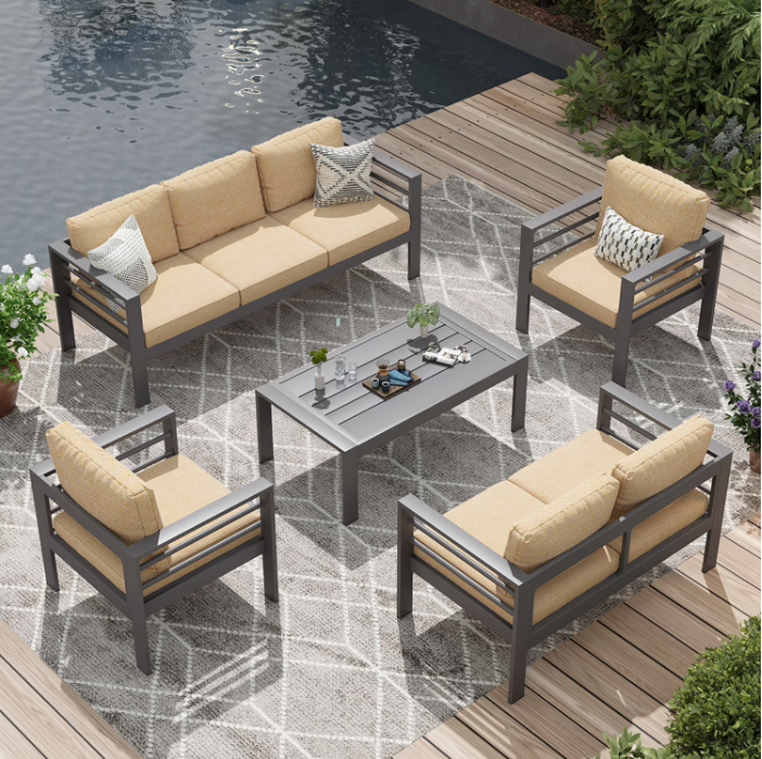 AECOJOY Aluminum Patio Furniture Set, 7 Seats Modern Outdoor Furniture with Coffee Table, 5 Pieces Metal Conversation Sectional Sofa, Beige