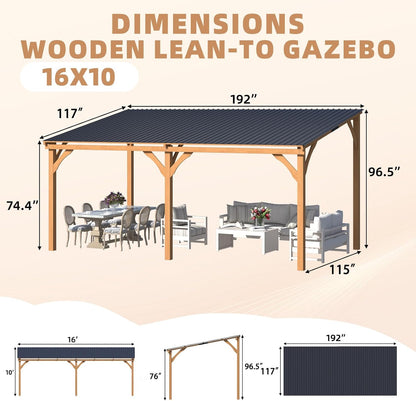 YODOLLA 16' x 10' Wall-Mounted Outdoor Wood Gazebo, Hardtop Cedar Pergola with Heavy-Duty Awnings for Patio, Deck, Backyard