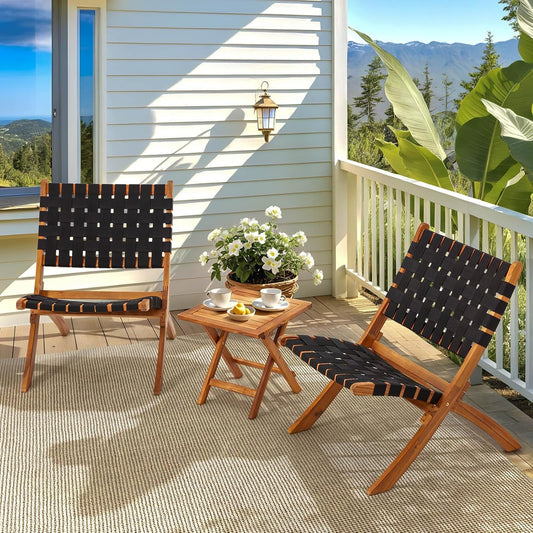 YODOLLA Patio Bistro Sets 3 Pieces Outdoor Folding Chair Outdoor Acacia Wood Natural Lounge Chair for Patio, Lawn, Garden, Fishing, Black