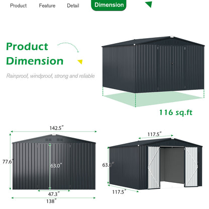AECOJOY 12' x 10' Outdoor Storage Shed with Lockable Door Patio Metal Garden Storage Building in Dark Gray for Outside