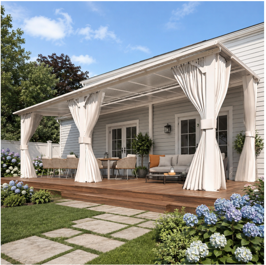 YODOLLA 20x10ft Wall-Mounted Hardtop Gazebo with Curtains and Netting, Heavy Duty Outdoor Pergola for Patio and Deck