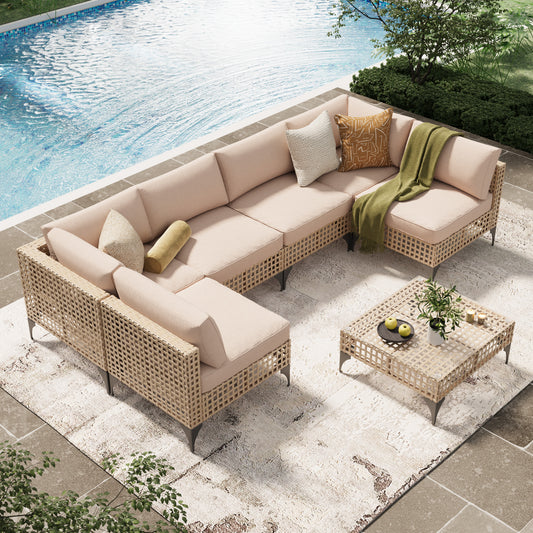 YODOLLA 7-Piece Patio Furniture Set with Tea Table, Rattan Wicker Outdoor Sectional Furniture Sofa Conversation Set, Light Brown Rattan&Beige Cushions