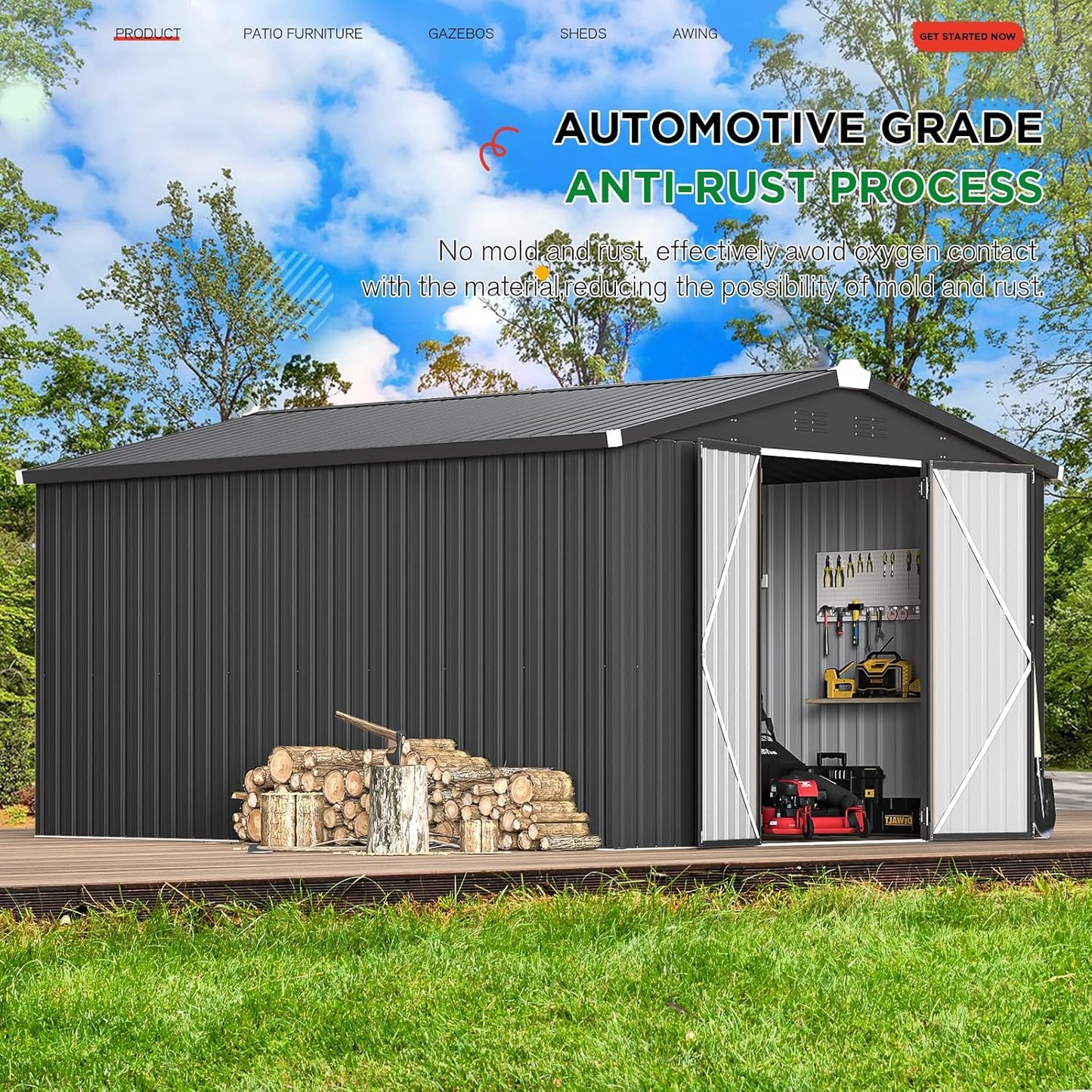 YODOLLA 10' x 14' Outdoor Storage Shed with Lockable Door Patio Metal Garden Storage Building in Dark Gray for Garden, Outside& Backyard
