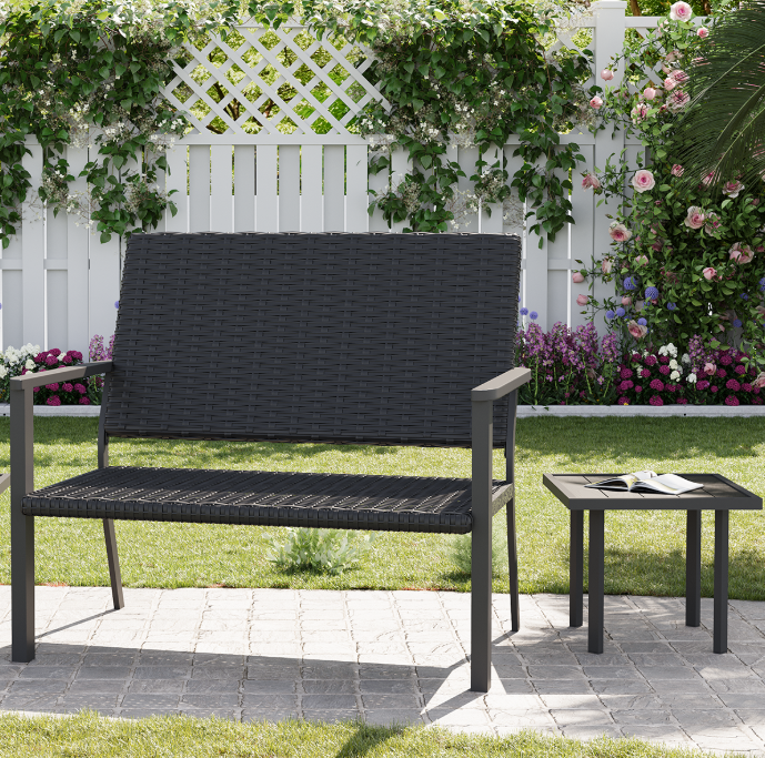 YODOLLA Outdoor Bench with Rectangular Side Table for Garden Backyard (Rattan Back Bench+Side Table)