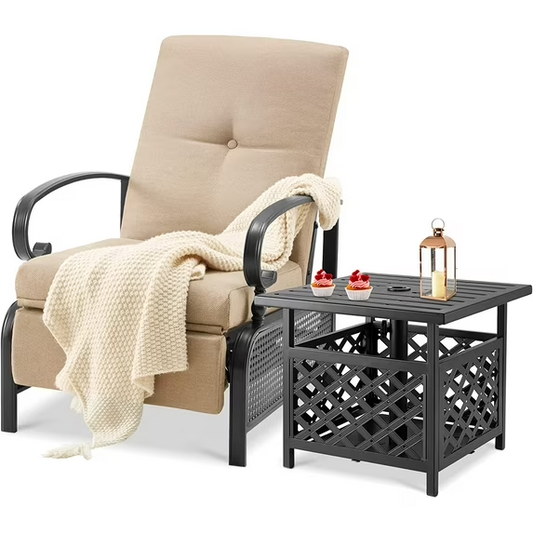 AECOJOY Adjustable Patio Reclining Lounge Chair with Umbrella Side Table Stand-Beige