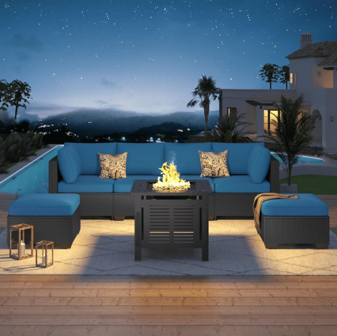 YODOLLA 7-Piece Patio Furniture Set with 30" Fire Pit Table, Rattan Wicker Outdoor Sectional Sofa Couch with Table Patio Conversation Set for Lawn& Backyard In Peacock Blue& Black