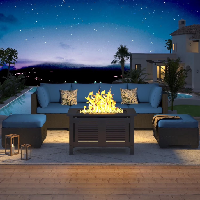 YODOLLA 7-Piece Patio Furniture Set with 43" Fire Pit Table, Rattan Wicker Outdoor Sectional Sofa Couch with Table Patio Conversation Set for Lawn& Backyard In Navy& Black