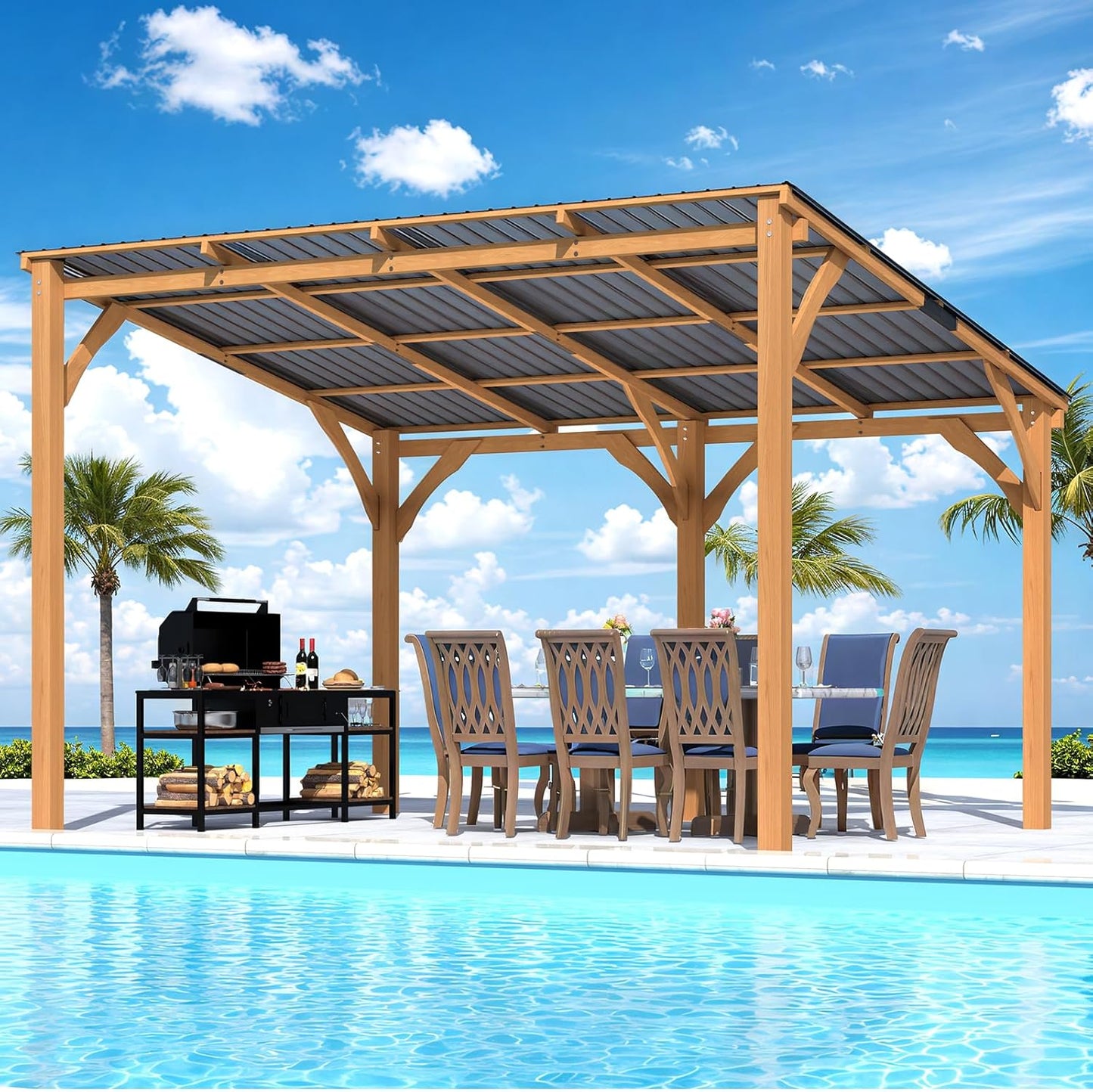 YODOLLA 12' x 10' Wall-Mounted Outdoor Wood Gazebo, Hardtop Cedar Pergola with Heavy-Duty Awnings for Patio, Deck, Backyard