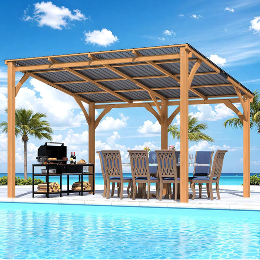 YODOLLA 12' x 10' Wall-Mounted Outdoor Wood Gazebo, Hardtop Cedar Pergola with Heavy-Duty Awnings for Patio, Deck, Backyard