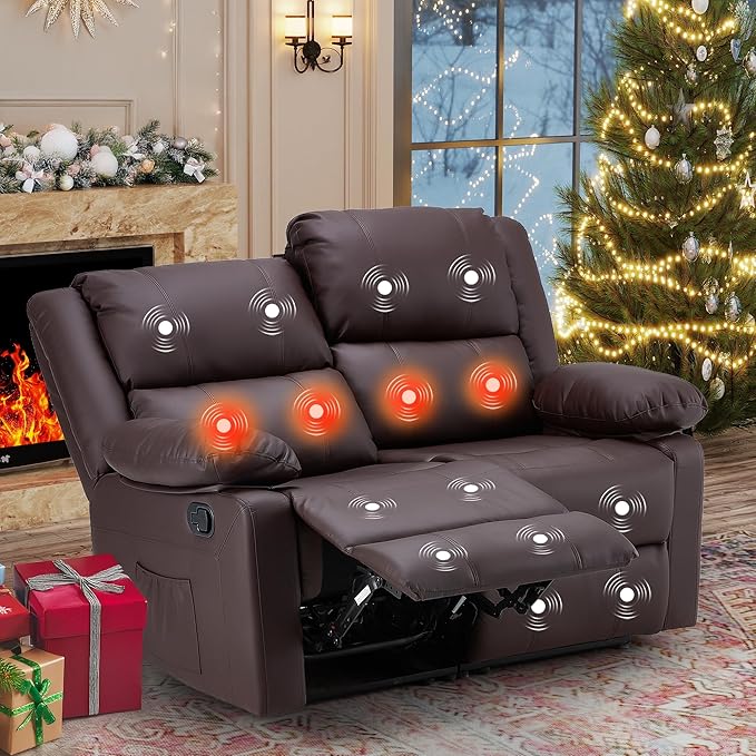 AECOJOY Reclining Loveseat with Heat&Massage Function, Double Recliner Recliner Loveseat Wall Hugger Loveseat 2-Seater Manual Control Faux Leather RV Couch, Home Theater Seating, Brown