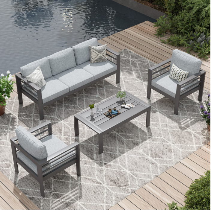 AECOJOY Aluminum Patio Furniture Sets,4 Pieces Outdoor Metal Conversation Sectional Sofa with Coffee Table, Grey